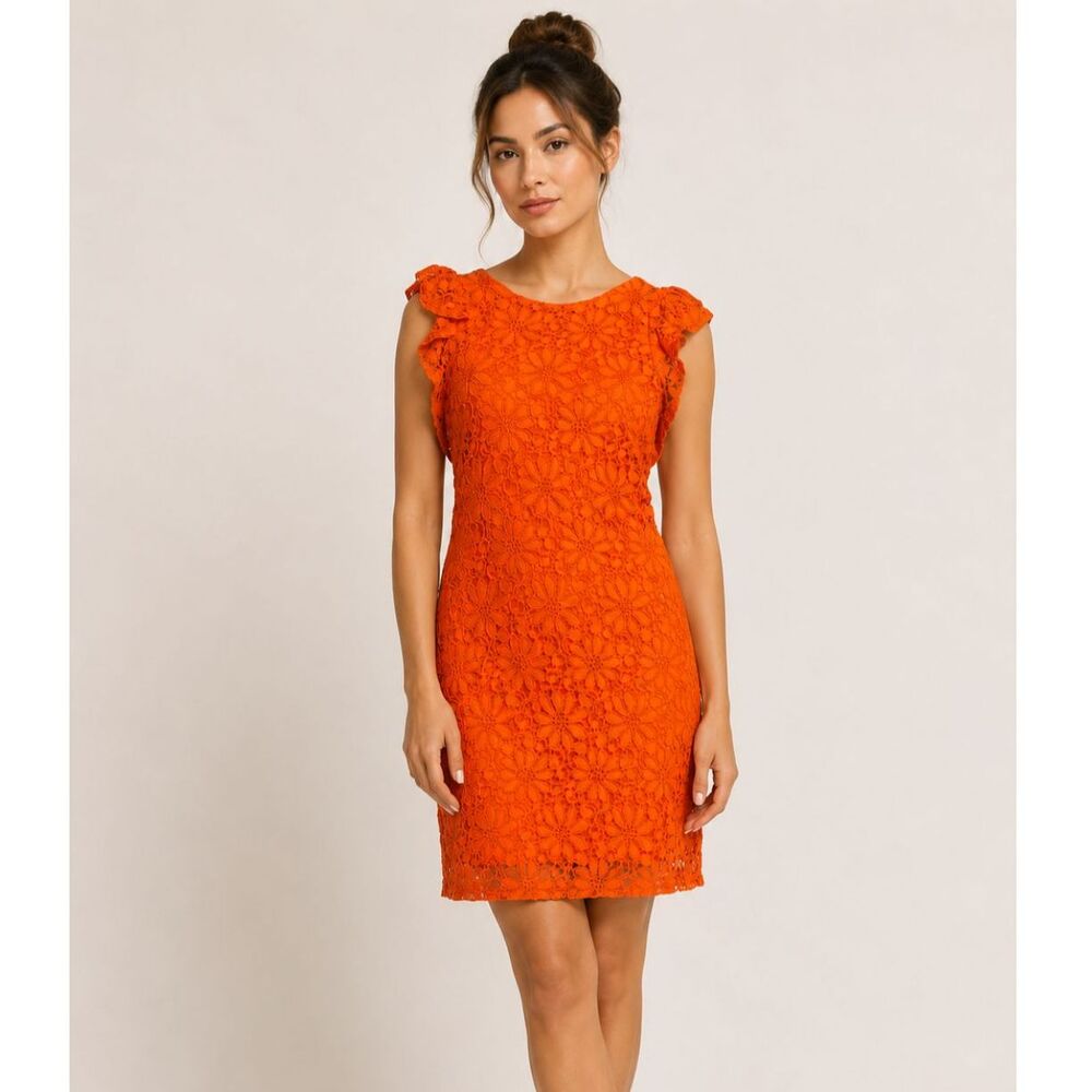 LONDON TIMES Orange Lace Day Mini Sheath Dress Eyelet Flower Sleeveless Sz 10